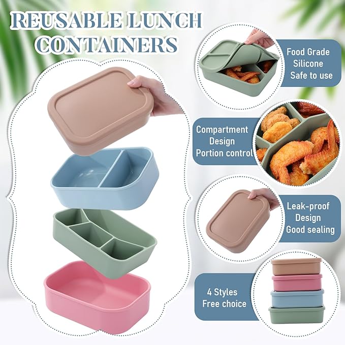 4 Pcs Silicone Bento Box Reusable Lunch Container Compartment Leakproof Meal Prep Snack Box for Adult Office School Travel Food Storage