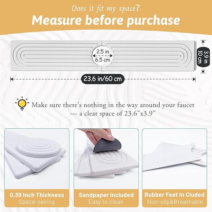 Faucet Mat for Kitchen Sink with Sandpaper, Diatomaceous Earth Faucet Splash Guard, Fast Drying Sink Protector Stone, Water Absorbing Stone Mat for Bathroom Sink Counter, Gift for Mother's Day, White