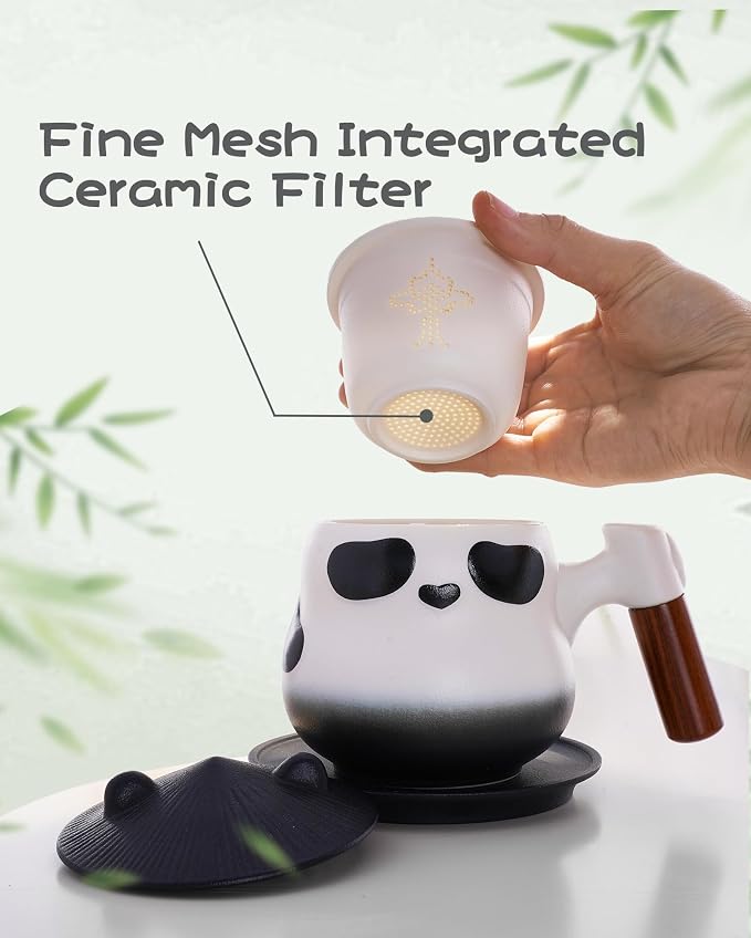 ZENS Tea Cup with Infuser and Lid, 11 oz Cute Panda Tea Mug with Strainer and Coaster for Loose Leaf Tea Steeper, Ceramic Tea Cup for Daughter, Collector's Mug Gifts