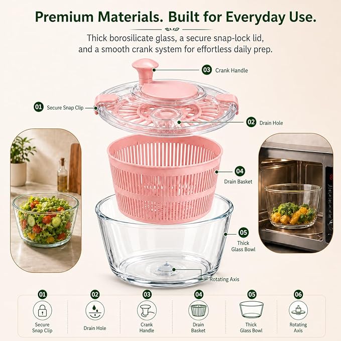 Good Grips Large 5.2 Qt Glass Salad Spinner Vegetable Dryer with Drain Dishwasher Safe with Transparent Lid Crank Handle Quick Spin Greens Washer for Lettuce Herbs Fruits Pink