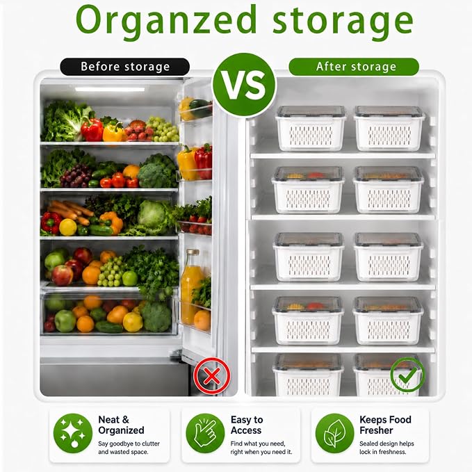UFORU 4 Pack Fruit Storage Containers for Fridge, Produce Containers with Removable Colander, Airtight Stackable Storage Containers, Reusable Refrigerator Organizer Bins for Berries, Lettuce