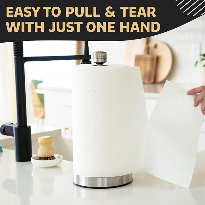 Heavy-Duty Stainless Steel Paper Towel Holder - Easy One-Handed Tear with Suction Cups - Modern Weighted Standing Countertop Dispenser for Kitchen - Holds All Paper Towel Rolls, Silver