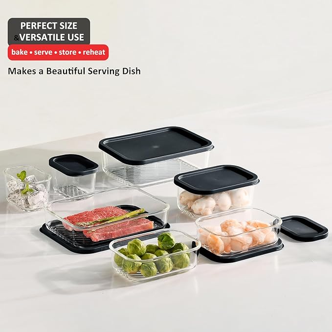EATEX Grooved Base Glass Meal Prep Containers, 7 Pack Glass Food Storage Containers with Lids for Meal Prep & Lunch, Microwave Oven Freezer Dishwasher Safe, Anti Moisture Non-Stick Design - Black