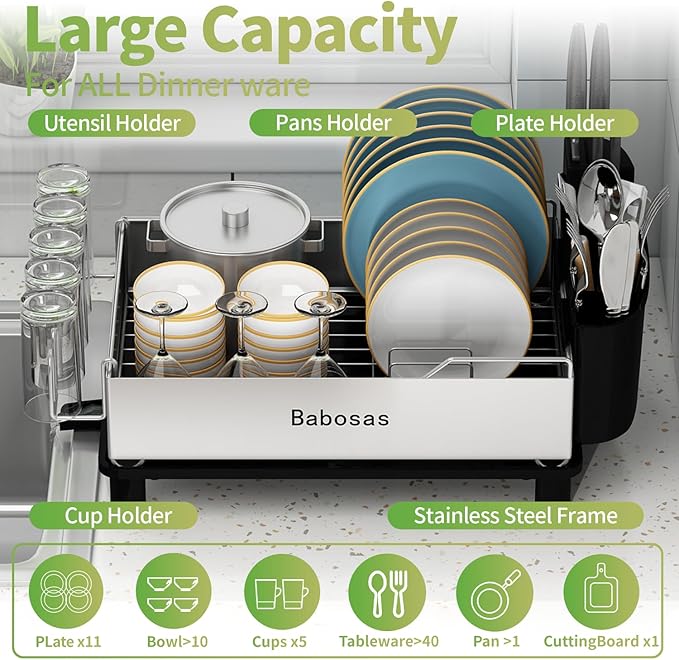 Dish Drying Rack,Large Capcity 304 Stainless Steel Dish Rack for Kitchen Counter,Dish Drainer with Drainboard Set and Utensil Holder & Detachable Cup Shelf,Rustproof Multifunctional Organizer Black