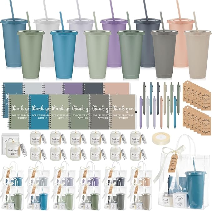 Nuogo 12 Sets New Parent Shower Prizes for Player Winners Adult, Wedding Bridal Shower Gift, Plastic Tumbler Notebook Scented Candle Ballpoint Pen Bag (Light Morandi Color,Classic Style)