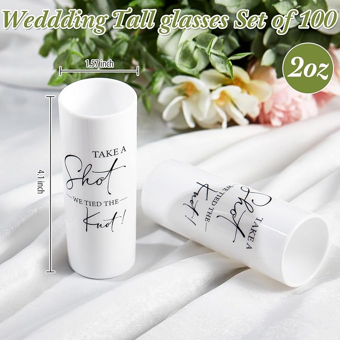 Sliner 100 Set Wedding Favors for Guests Bulk 2oz Acrylic Take a Shot We Tied the Knot Shot Glasses with Thank You Cards Organza Bags for Guest Souvenir Wedding Bridal Shower Gifts (White,Black)