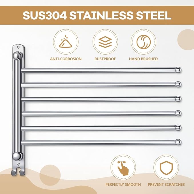 Teenyyou 20.4 Inches Swivel Towel Rack 304 Stainless Steel 6 Arms Bathroom Towel Rack Hanger Pool Holder Wall Mounted Swivel Bar Space Saving with Hook(Sliver)