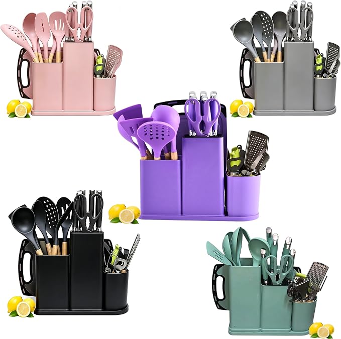 Kitchen Utensils and Knives Set, 20PCS Knife and Cooking Spoon Tools Set with Storage Holder, Sharp Stainless Steel Knife Sets with Bread, Chef Knife (Teal)