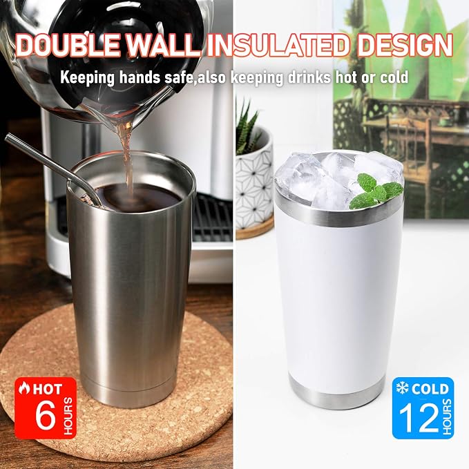 COMOOO 20oz White Tumbler Double Wall Vacuum Insulated Travel Mug Stainless Steel Coffee Mug with Lid and Straw Durable Powder Coated Insulated Coffee Cup for Cold & Hot Drinks (White,12 pack