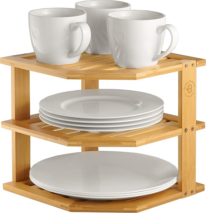 Plate Organizer for Cabinet - 3 Tier Bamboo Corner Shelf Cabinet Organizer for Plates, Bowls, Mugs and Pantry Storage, Space Saving Countertop and Cabinet Corner Shelf, 10 x 10 x 9.5 Inch, Bambusi