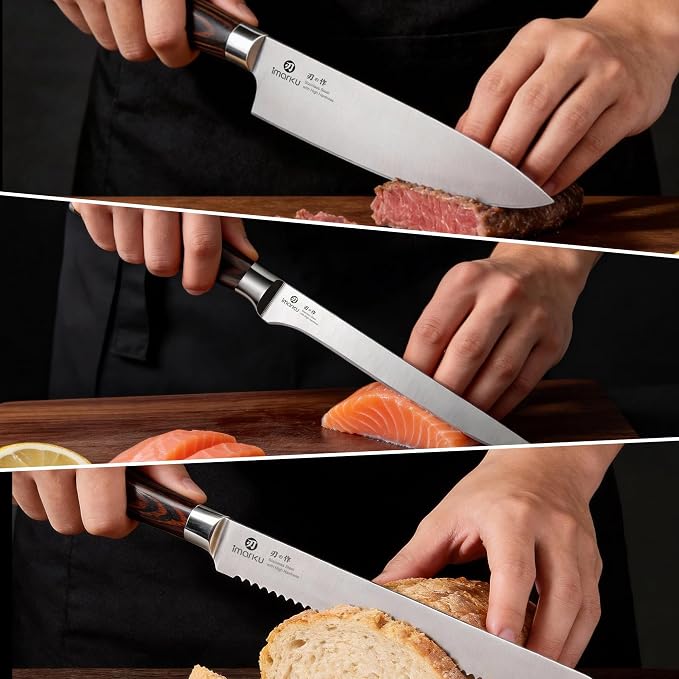 imarku Knife Set, 3 Piece Japanese High Carbon Stainless Steel | Razor Sharp 8 inch Chef Knife, 10 inch Bread Knife and 6 inch Boning Knife for Meat, Bread, Vegetables and Kitchen Prep
