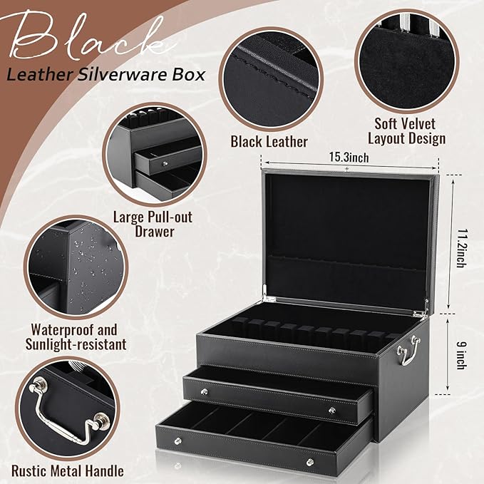 DoubleFill 3 Layer Leather Silverware Storage Box with Lid and Handles, Anti Tarnish Silverware Storage Chest Case with Felt-lined for 12-16 or More Sets of Utensils Flatware Gifts, 15.3x11.2x9 Inch
