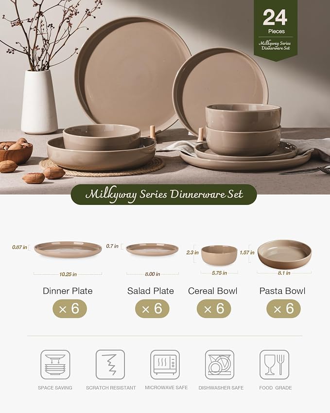 Famiware Milkyway Stoneware Dinnerware Sets with Pasta Bowls, Service for 6 (24 Pieces), Plates and Bowls Sets -Scratch Resistant, Microwave and Dishwasher Safe Dishes Set, Cinnamon Brown