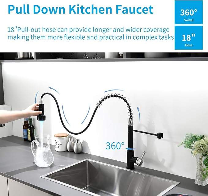 GIMILI Kitchen Faucet with Pull Down Sprayer Single Hole Stainless Steel LED Faucet, Suitable for Farmhouses, RV, Laundry Room, Outdoor, and Campers. Llave para fregadero de cocina Nickel and Black