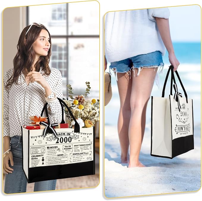 YeohJoy 26th Birthday Gifts for Women Canvas Tote Bag Travel Gear, Unique 26th Years Old Gifts for Girlfriend Friends Sister Her, Vintage 2000 Handbag & Makeup Bag & 26th Birthday Card