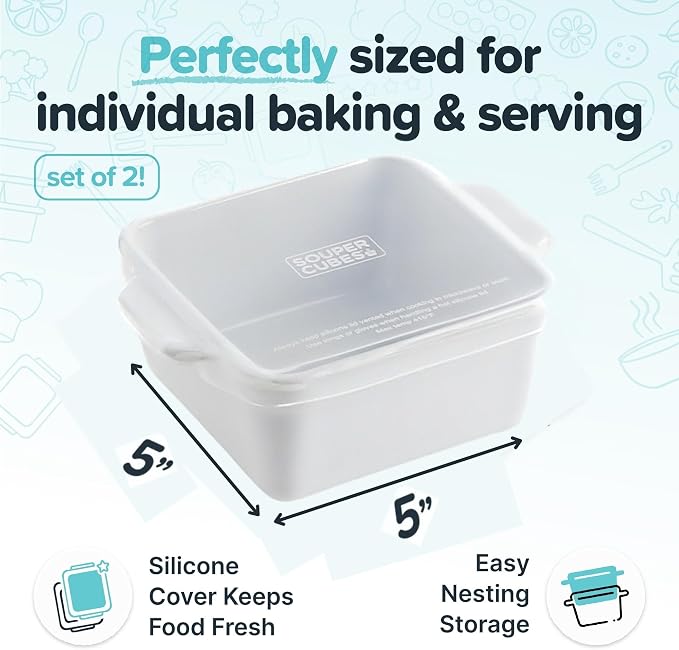 Souper Cubes Ceramic Baking Dishes 2.0-5" x 5" Baking Dishes with Silicone Lids, Individual Baking Dishes for Oven, Microwave, Oven and Air Fryer Safe, USA Made, Set of 2 - White