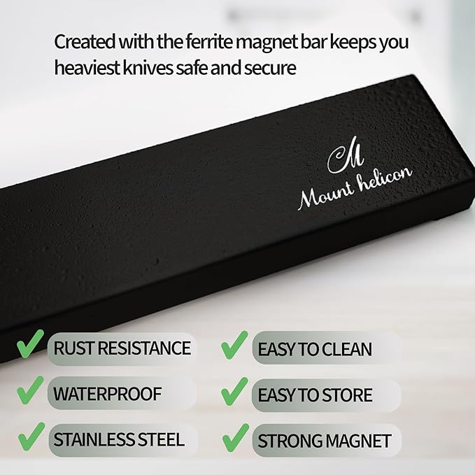 16 Inch Heavy Duty Kitchen Knife Magnetic Strip with Additional 5 Hooks-Multipurpose Stainless Steel Magnetic Tools, Knife Holder-Strong Magnetic Knife Holders for Wall No Drill required (Black)