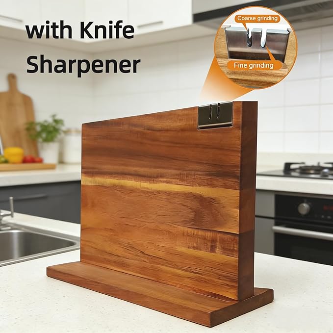 kitchen knife magnetic holder, Double Sided Universal magnetic knife block Rack for Kitchen Counter, Acacia Wood Magnetic Knife Storage Stand with Knife Sharpener,14.5 x 10.8Inches