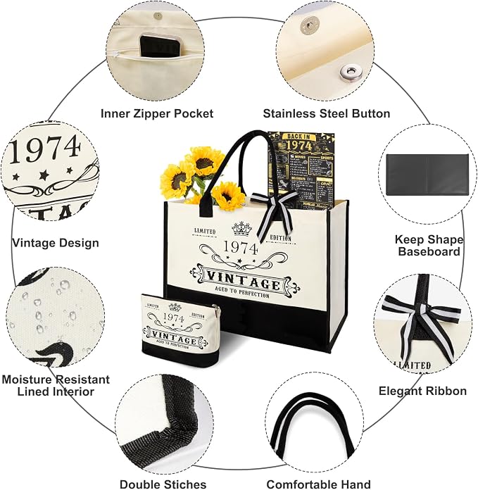 YeohJoy 52nd Birthday Gifts for Women Canvas Tote Bag Travel Gear, Unique 52 Years Old Birthday Gifts for Mom Aunt Friends Wife Sister Her, Vintage 1974 Handbag & Cosmetic Bag & Back in 1974 Poster