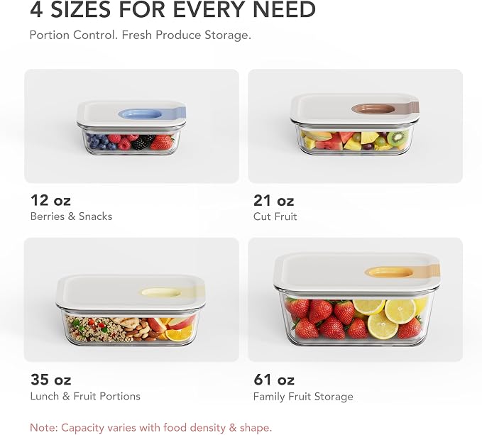 GENICOOK Glass Fruit Storage Containers for Fridge, 4 Pack Borosilicate Glass Food Storage Containers with One-Hand Slide Lid, Airtight Produce Containers, Stackable Fridge Organizer, BPA Free