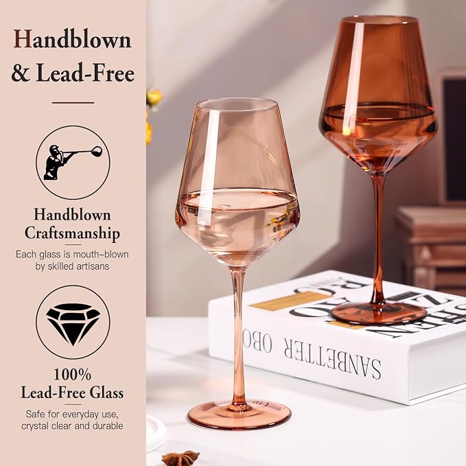 Venus Colored Wine Glasses Set of 6, Handblown Wine Glasse,Amber Coloful Glassware，17OZ for Red or White Wine,Wedding Gift, Anniversary, Christmas, Mothers Day Gifts,Gifts for My Wife