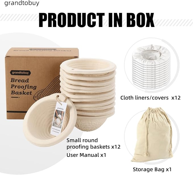 12-Pack Mini Banneton Baskets (5 Inch), Round Sourdough Proofing Basket Set with Linen Liners for Small Loaves & Home Bakery Supplies