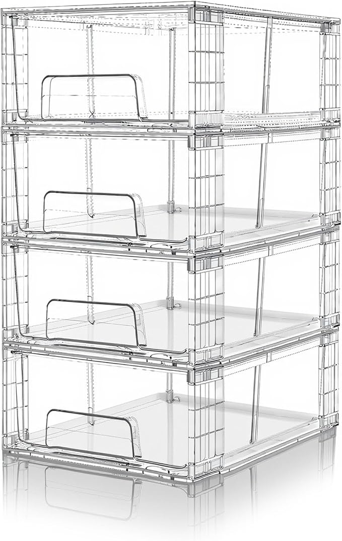 Small Stackable Clear Acrylic Storage Drawers(4 Pack) with Handles,Plastic Organizer Bins for Fridge Bathroom Kitchen Cabinet Pantry Coffee bar Undersink Office Closet Storage Bins