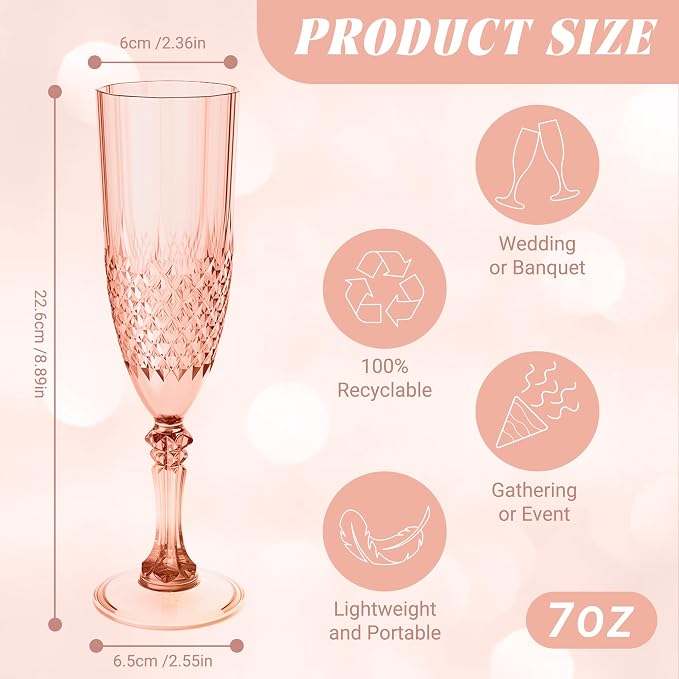 Plastic Champagne Flutes, Champagne Glasses Bulk, Reusable Unbreakable Acrylic Wine Glasses Goblets for Weddings Bachelor Parties Toasting Bridal Shower (24, Rose Gold)
