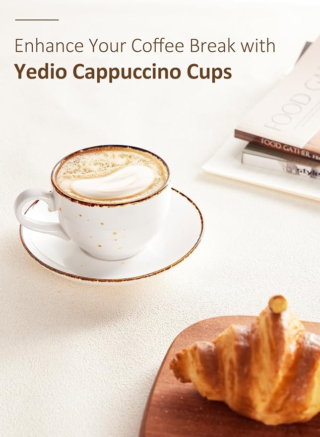 8oz Cappuccino Cups and Saucer, Porcelain Coffee Mugs, Latte Cups Set for Cappuccino, Espresso, Americano, Latte, Tea, Mocha, Microwave Dishwasher Safe, Set of 4, White