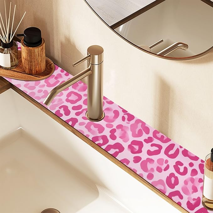 Kitchen Sink Splash Guard 2 PCS 14.7 Inch Sink Faucet Mat Splash Guard for Bathroom Countertop Water Absorbent Foldable Cuttable Soft Washable Gradient Pink Leopard Print