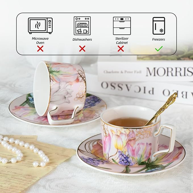 KAMMAK Tea Cups and Saucers Set of 2, Porcelain Coffee Cups, Stackable Espresso Mugs, Ceramic Demitasse for Coffee, Latte, Americano, Tea, Turmeric - Gold