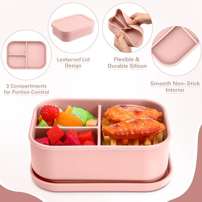Honeydak 6 Pcs Silicone Bento Box for Adults, 3 Compartment Lunchable Food Container for Women Men, Leak Proof Microwave Dishwasher Freezer Safe (Light Colors)