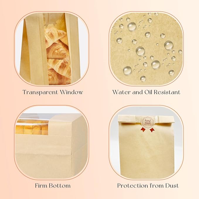 SNAIL GARDEN Sourdough Bread Bags - 100pcs with Four Sizes, Windowed, Kraft Paper with 120pcs Label Seal Stickers for Bakery Cookies, Treats
