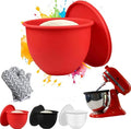 1PCS Silicone Bowl Liners with Lids,5Qt Tilt-Head Silicone Liners for Kitchenaid Stand Mixer,Odourless,Thicker, Cold/Heat-Resistant & Non-Stick, Easy Clean(Red)(with Oven mitts)