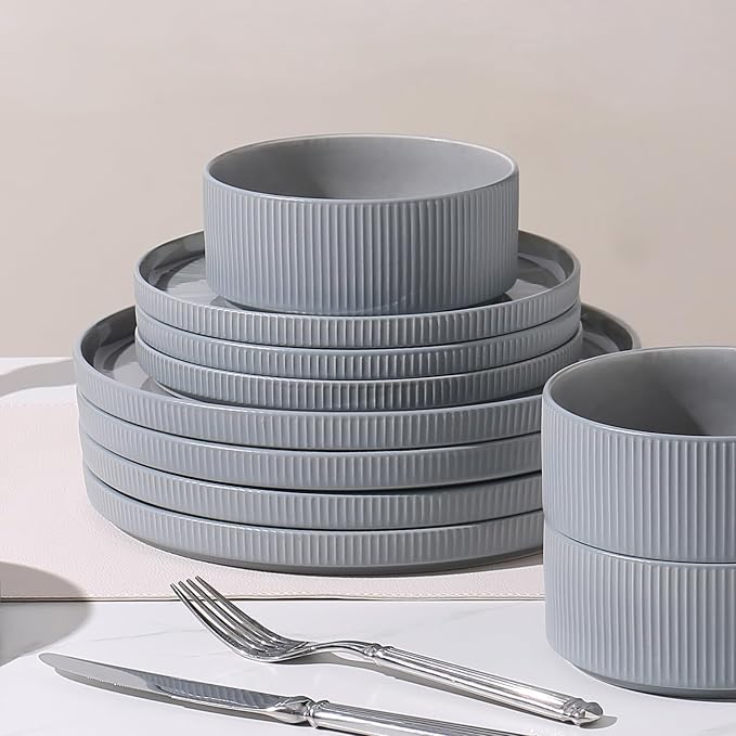 Dinnerware Sets, Ceramic Plates and Bowls Set 18 Piece Dinnerware for 6 Chip Resistant Stoneware with Advanced Inkjet Printing Technology, Dishwasher and Microwave Safe-Smoky Blue