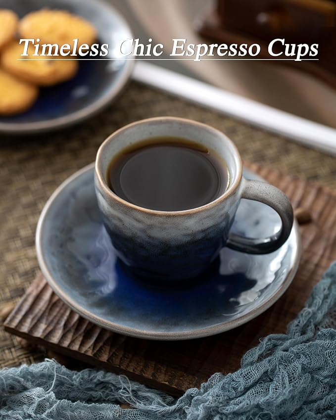 3 oz Espresso Cups Set of 4, Mini Italian Double Espresso Coffee Cup, Vintage Small Ceramic Demitasse Cups with Saucer for Lungo Coffee, Blue