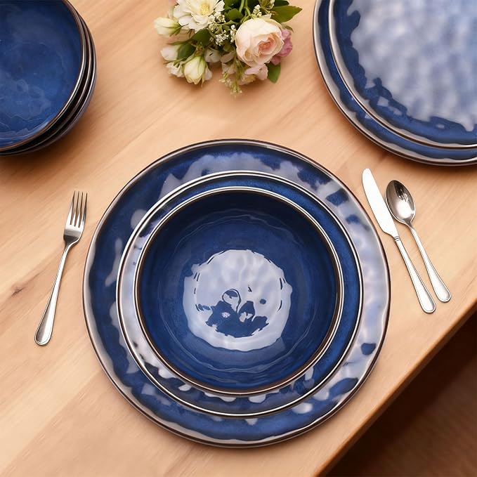 Rustic Farmhouse 12 Piece Melamine Dinnerware Sets - Service for 4, Lightweight with 11" Platesx4,9"Salad Pates x4 and 8"Bowlsx4, for Indoor and Outdoor Use, Unbreakable Kitchen Dinnerware, Blue
