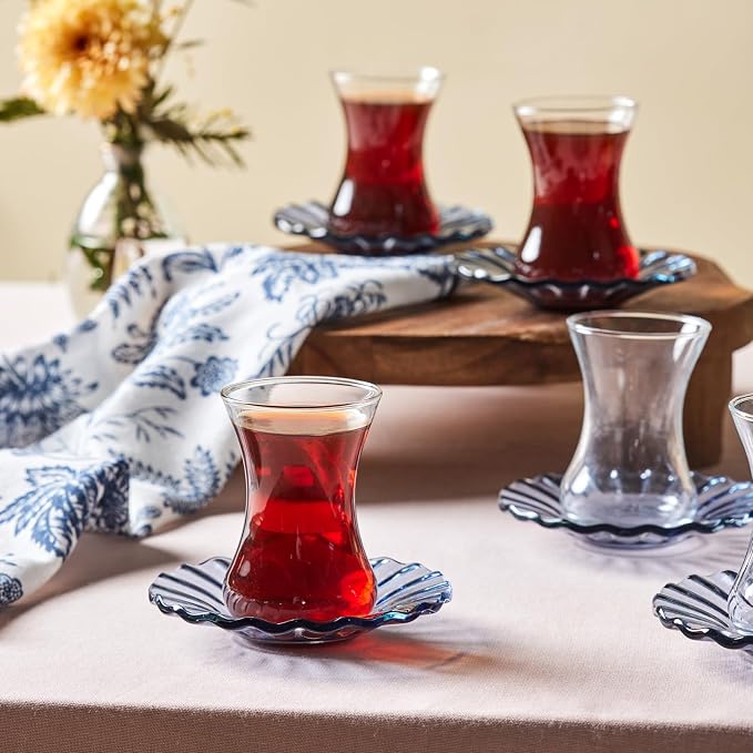 KARACA Luna 12-Piece Turkish Tea Cups for 6 People, 4.4 fl oz (130 ml) Turkish Tea Glasses Set with Elegant Light Blue Glass Saucers, Traditional Tulip Teacups, Hand Wash Recommended