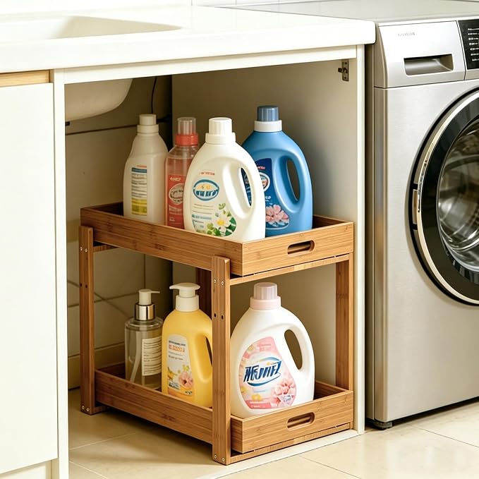 Under Sink Organizer and Storage - 2-Tier Bamboo Kitchen Cabinet Shelf with Adjustable Levels, Undersink Organization Slide Out for Bathroom Cabinet Pantry Brown