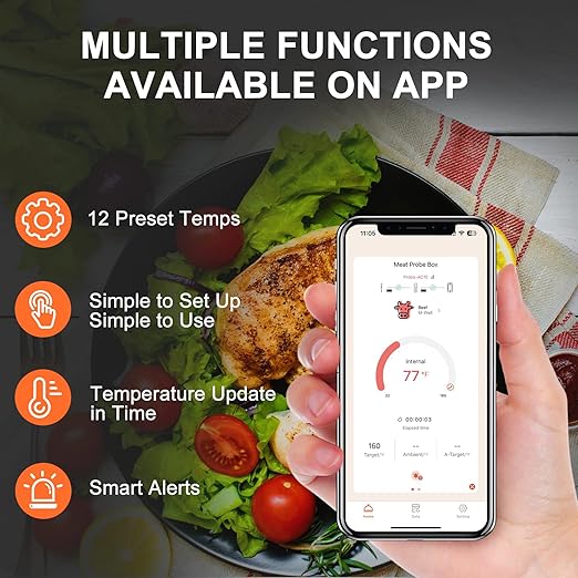 Wireless Intelligent Meat Bluetooth Thermometer, Digital Thermometer with Dual sensors, can be remotely Monitored and Suitable for Various scenarios，A Must-Have Gift for Chefs and Foodies