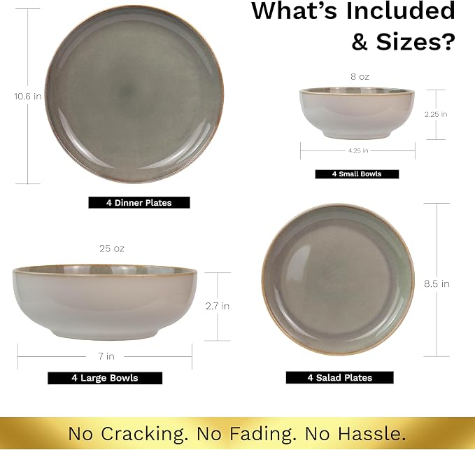 Sango 16-Piece Stoneware Dinnerware Set for 4, Glossy Cream/Green Big Dinner Plates and Bowls Sets with Reactive Glaze, Ceramic Dish Set, Modern Dishes, Microwave & Dishwasher Safe, Resona Moss