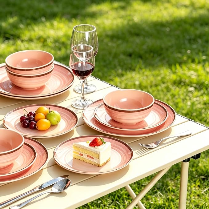 Melamine Plates and Bowls Sets, 12 Pcs Unbreakable Round Dinnerware Sets for 4, Decorative Reusable Kitchen Dishware, Lightweight for Camping RV Outdoor & Dishwasher Safe, Pink Thread