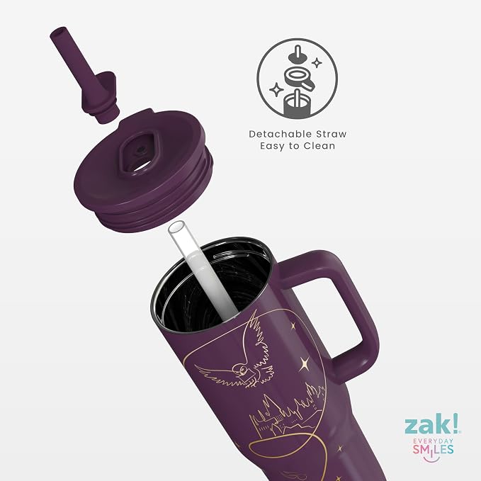 Zak Designs Harry Potter Sutton Travel Tumbler for On the Go, 30oz Stainless Steel with Vacuum Insulation, Silicone Straw, and Carry Handle for Cold Drinks (Hogwarts)
