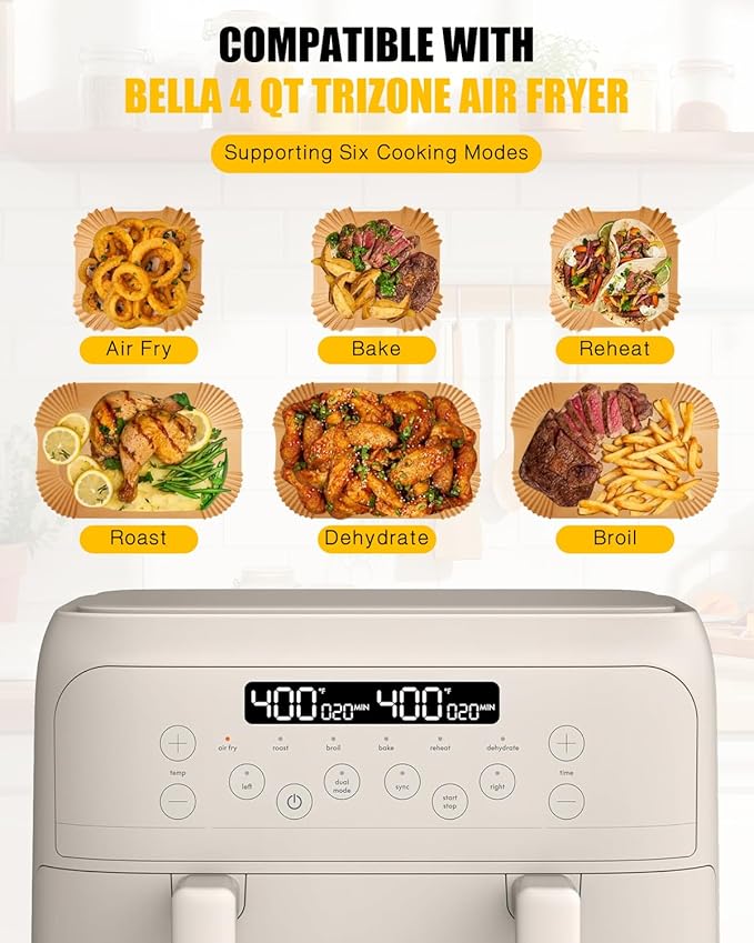 200PCs Air Fryer Paper Liners for Bella 4 QT TriZone Airfryer,100PCs Large for Single Zone, 100PCs Small for Dual Basket, Nonstick Disposable Parchment Paper Baking Inserts Accessories, Free of Bleach