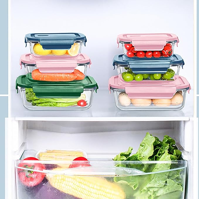 Fridge Food Storage with Lids, Glass Meal Prep Containers with Lids, Vegetable Fruit Meat Storage Organization, Leakproof Reusable Lunch Boxes, for Picnic, BBQ, Party, Travel