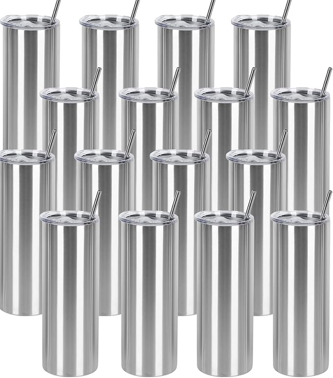 16 Pack 20 Oz Straight Skinny Tumblers,Individually Gift Boxed Stainless Steel Slim Skinny Tumbler Set Bulk, 20 Oz Insulated Slim Thin Travel Tumbler Cup for Diy, Silver