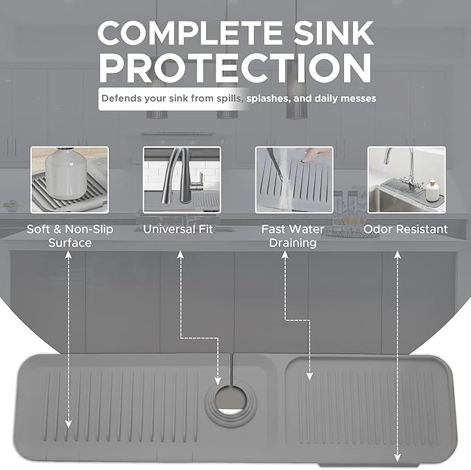 Silicone Faucet Mat for Kitchen Sink 17.7 Inch | 5° Slope Fast Self-Draining Sink Splash Guard | Multipurpose Faucet Mat Foldable Durable No Smell | Cut-to-Fit Opening Up to 2.6in|Nordic Grey