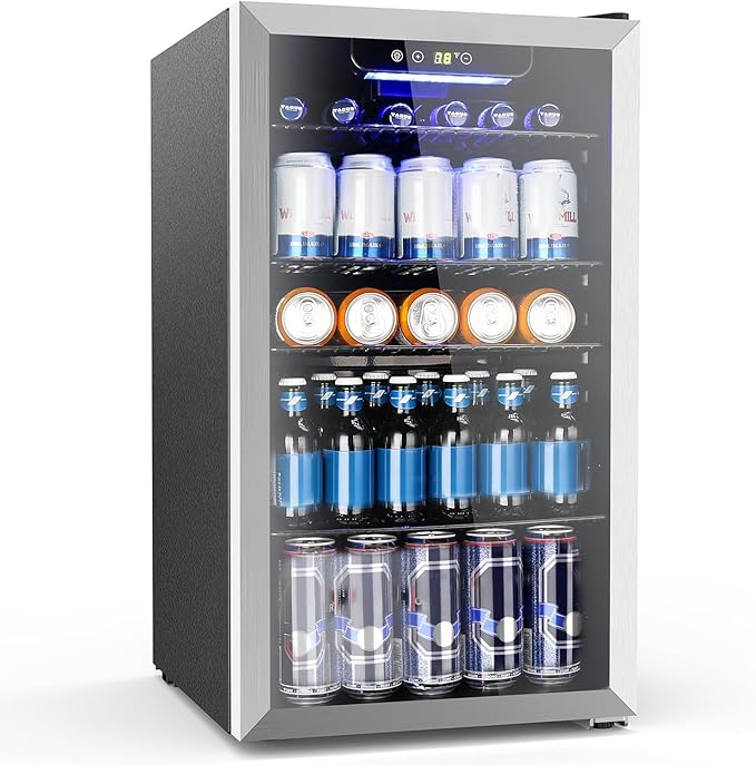 Electactic Mini Fridge 130 Can Beverage Refrigerator Cooler, 3.1 Cu.Ft Drink Fridge Silver Glass Door for Soda Wine Beer, Digital Temperature Control Cooler for Home,Bar