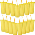 Honeydak 15 Pack Tumbler with Straw and Lid Bulk Cups for Gifts Glitter Plastic Coffee Cups 24-27 oz Reusable Water Bottle Iced Coffee Travel Mug Party Favors for Birthdays Travel (Yellow)