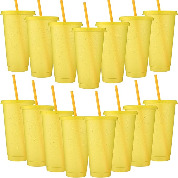 Honeydak 15 Pack Tumbler with Straw and Lid Bulk Cups for Gifts Glitter Plastic Coffee Cups 24-27 oz Reusable Water Bottle Iced Coffee Travel Mug Party Favors for Birthdays Travel (Yellow)